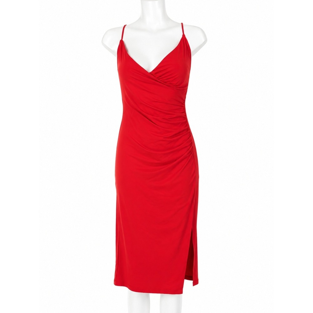 Halara Red Ruched Side Slit V-Neck Bodycon Midi Dress Small NWT